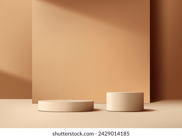 3D dos cilindros beige con fondo cuadrado sobre un fondo marrón, Visualización de productos, Ilustración vectorial