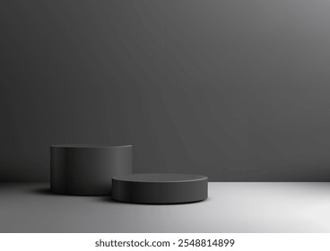 3D two black cylindrical podiums sit on a clean white floor against a dark gray wall. Minimal style product displays, mockups, showroom showcases, and corporate presentations