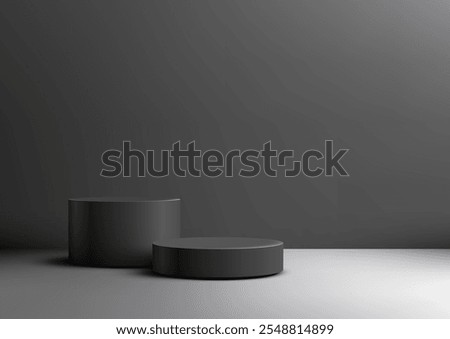 3D two black cylindrical podiums sit on a clean white floor against a dark gray wall. Minimal style product displays, mockups, showroom showcases, and corporate presentations