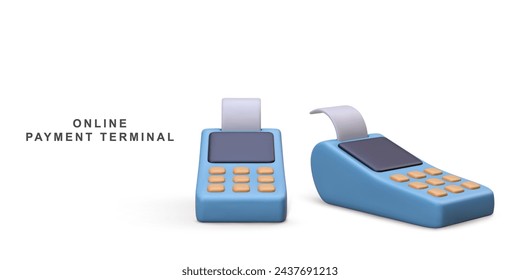 3d Two Blue Realistic Pos terminals payment methods, online shopping payment by credit card. Vector illustration.