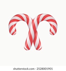 3d two Christmas candy canes. Christmas stick. Traditional xmas candy with red and white stripes. 3d rendering. Vector illustration