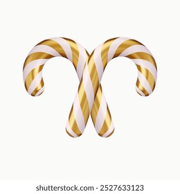 3d two Christmas gold candy canes. Christmas stick. Traditional xmas candy with red and white stripes. 3d rendering. Vector illustration