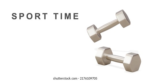 3d two golden dumbbells - sport time concept. Vector illustration.