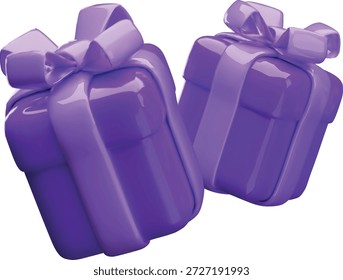 3D dos cajas de regalo lila con lazo de cinta ligera flotando en la Ilustración vectorial de aire. Caja de cierre de sorpresa festiva flotando. Volumen realista decoración de vacaciones. Paquetes decorativos de regalo brillante