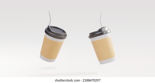 3D two paper coffee cups with a straw on a white background. Vector illustration.