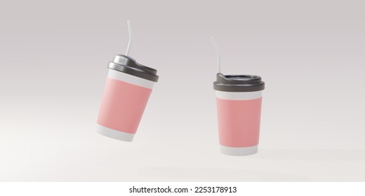 3D two paper coffee cups with a straw. Vector illustration.