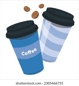 3d two Paper cup filled with black coffee. two hot coffee mugs floating on black lids white background. Food and beverage. Minimal concept. Coffee cup.
