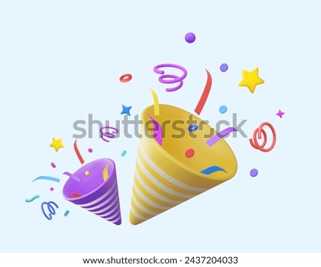 3D two Party popper with explosion confetti. Birthday surprise. Firecracker with serpentine. Holiday and event celebration. 3d rendering. Vector illustration