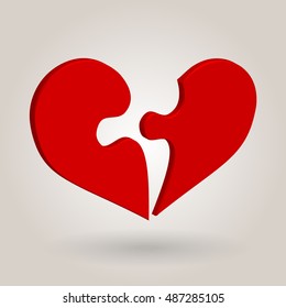 3D two pieces heart puzzle shape in red color with shadow.