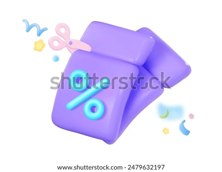 3D two purple coupons with a percentage and scissors for cutting the ticket. Vector illustration with confetti. For holiday sales, flyers and media networks