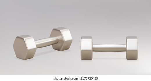 3d two realistic gold dumbbells isolated on grey background. Vector illustration.