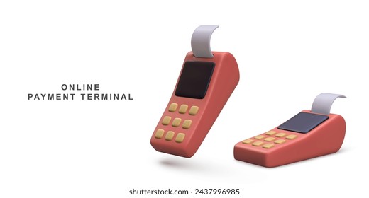 3d Two Realistic Pos terminals payment methods, online shopping payment by credit card. Vector illustration.