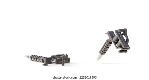 3d zwei realistische Tätowiermaschine mit schwarzen und metallischen Elementen auf weißem Hintergrund. Vektorgrafik.