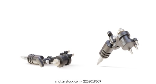 3d two Realistic tattoo machine with black metal elements on white background. Vector illustration.