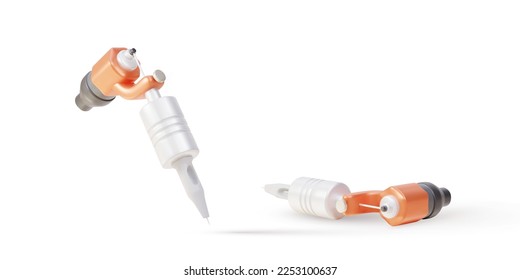 3d two Realistic tattoo machine with orange and metal elements on white background. Vector illustration.