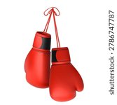 3D two red boxing gloves hanging on laces. Martial sport game equipment. Realistic vector sport fighting gear combat training. Professional boxer hand protective sportswear isolated