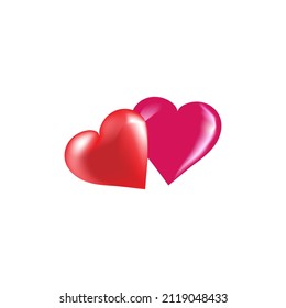 3D two red heart on white background. Romantic symbol linked, join, love, passion and wedding. Template for t shirt, apparel, card, poster. Design element of valentine day. Vector illustration