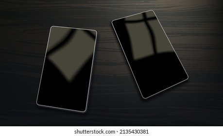 3D Two Smartphones On Dark Wooden Table With Glare Of Window. EPS10 Vector