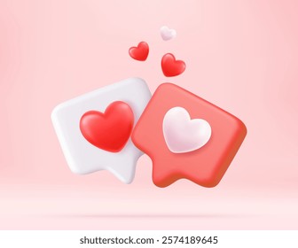 3D two speech bubbles with heart for romantic communication or Valentine Day gift concept. Romantic message or social media chat. 3d rendering. Vector illustration