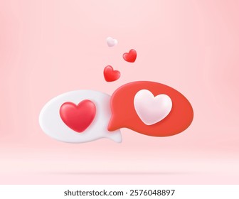 3D two speech bubbles with heart for romantic communication or Valentine Day gift concept. Romantic message or social media chat. 3d rendering. Vector illustration