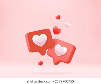 3D two speech bubbles with heart for romantic communication or Valentine Day gift concept. Romantic message or social media chat. 3d rendering. Vector illustration