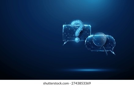 3d two speech bubbles with question mark and magnifying glass. Information clarification, customer inquiry processing, problem investigation message research concept. Futuristic digital style. Vector