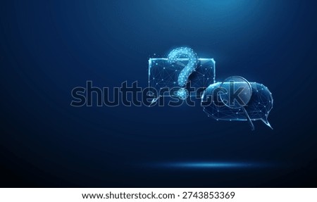 3d two speech bubbles with question mark and magnifying glass. Information clarification, customer inquiry processing, problem investigation message research concept. Futuristic digital style. Vector