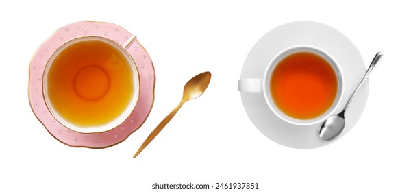 3d two tea cup with saucer and spoon on white background