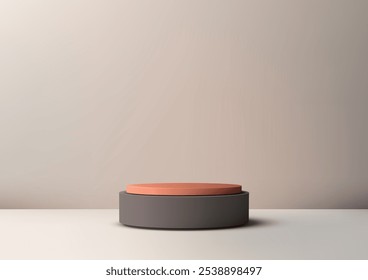 3D two tiered gray and orange podium on a light brown background, minimal product displays, mockups, and stylish presentations. Clean and modern design branding showcases