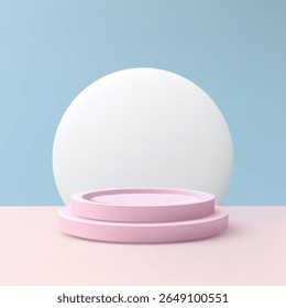 3D two tiered pink podium sits on a pastel pink floor with a white circle and soft blue backdrop, product display, branding scenes, and modern design mockups