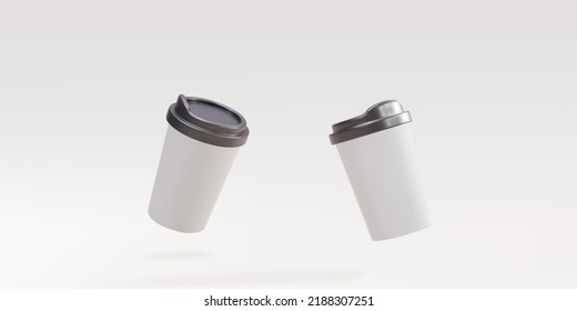 3d two white paper coffee cups on a grey background. Vector illustration.
