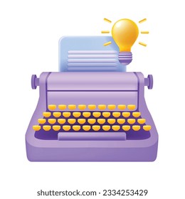 Icono de éxito de poeta de máquina de escribir en 3D, idea de poesía de literatura de máquina de escribir vectores, artículo creativo. Publicando el concepto de copywriter, reportaje periodístico, narración de noticias. máquina de escribir 3D