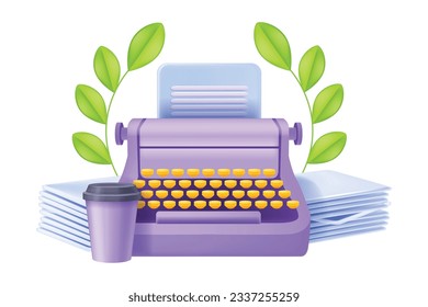 3D typewriter vector poet success icon, old typing machine literature poetry idea, creative article. Publishing author copywriting concept, journalist report press, storytelling news. 3D typewriter