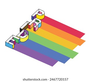 3D Typografie ein Wort PRIDE mit Regenbogen-Flag-Symbol.