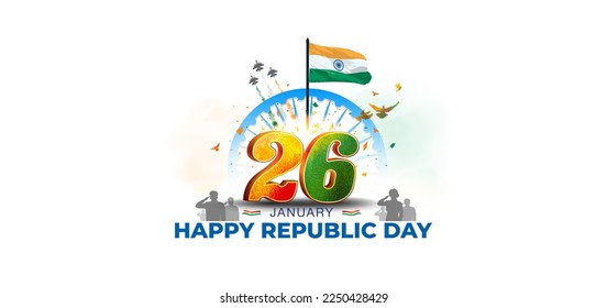 3D Typography of 26 January Happy Republic Day. Indian Tricolor flag with background and army. Poster banner, template design.