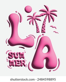 3D typography LA los angeles california summer slogan text print with palm trees and sun for graphic tee t shirt or poster sticker - Vector