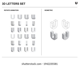 3d U Alphabet Letters Set Animate Isometric Wireframe Vector