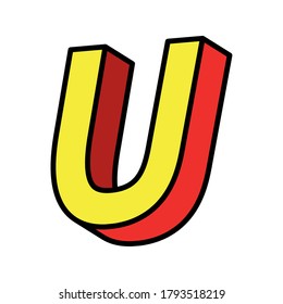 3d u letter design, lettering typography retro and comic theme Vector illustration