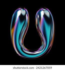 3D U letter from the English alphabet with a holographic glossy surface, smooth, transparent glass or liquid metal texture, Y2K balloon bubble design. Isolated vector retro-futuristic 2000s aesthetics svg