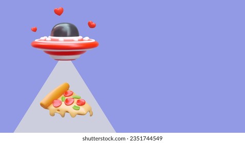 3D UFO steals piece of pizza. Flying saucer uses beam of light to deliver delicious food. Creative pizzeria advertising. Alien fans. Pizza abduction. Color poster, place for text, logo