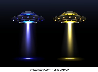 3d UFO, vector alien space ships with light beam of blue and yellow colors. Saucers with bright illumination and vertical ray for abduction, unidentified flying objects, Realistic vector illustration