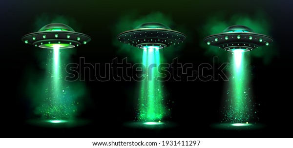 3d UFO, vector alien space ships with green light beam, smoke and sparkles. Saucers with bright illumination and vertical ray for abduction, unidentified flying objects, Realistic vector illustration