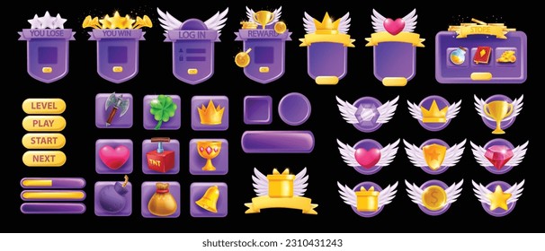 Juego de activos de juegos de interfaz de usuario 3D, elementos de diseño de vector de interfaz de usuario, kit de menú de iconos de aplicación de vídeo móvil. Corona dorada, insignia de la estrella ganadora, marco de la pancarta de la ventana, cinta de borde hacia arriba. indicador de premio de juego de la interfaz de usuario