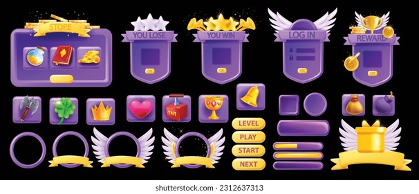 3D UI game asset set, button GUI interface vector design elements, mobile video app icon menu kit. Golden crown, winner star badge, window banner frame, level up avatar border. UI game prize indicator