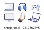3D UI Icons set of technology isolated on white background. Computer devices 3d render vector icon set. Computer, laptop, smartphone, headphones, game console, joystick
