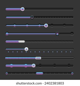 3D UI Switch Slider Bar Infografik Set Collection, Elegante Lautstärkeregler-Benutzeroberfläche, Vektorgrafik auf isoliertem schwarzem Hintergrund. Geschäftskonzept der Schaltfläche Level-Button. Vektorgrafik