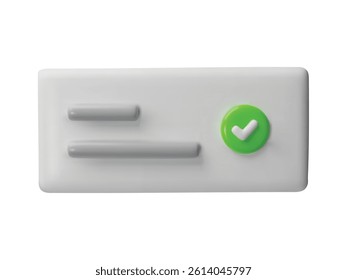 3D ui ux user software interface vector design. Render successful access rectangle block template. Glossy dialogue or data window, desktop blank, page tool. Application button with check mark sign
