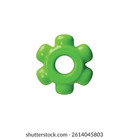 3D ui, ux user software interface symbol vector design. Render green gear tool. Mechanism wheel, cogwheel. System settings, upgrade process. Application development, optimization operation
