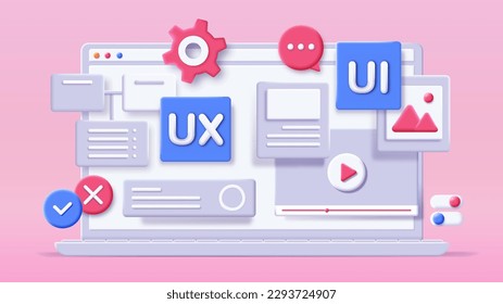 3D UI UX. Website and mobile application interface. Writing code, developing design for webpage. User interface and experience. Tools for create site. Cartoon vector illustration