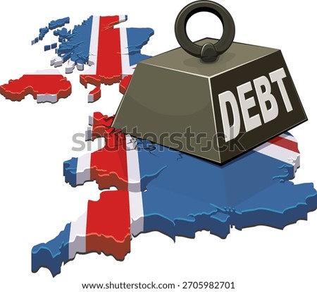 3D UK map (Union Jack flag) being crushed by a heavy weight labeled 